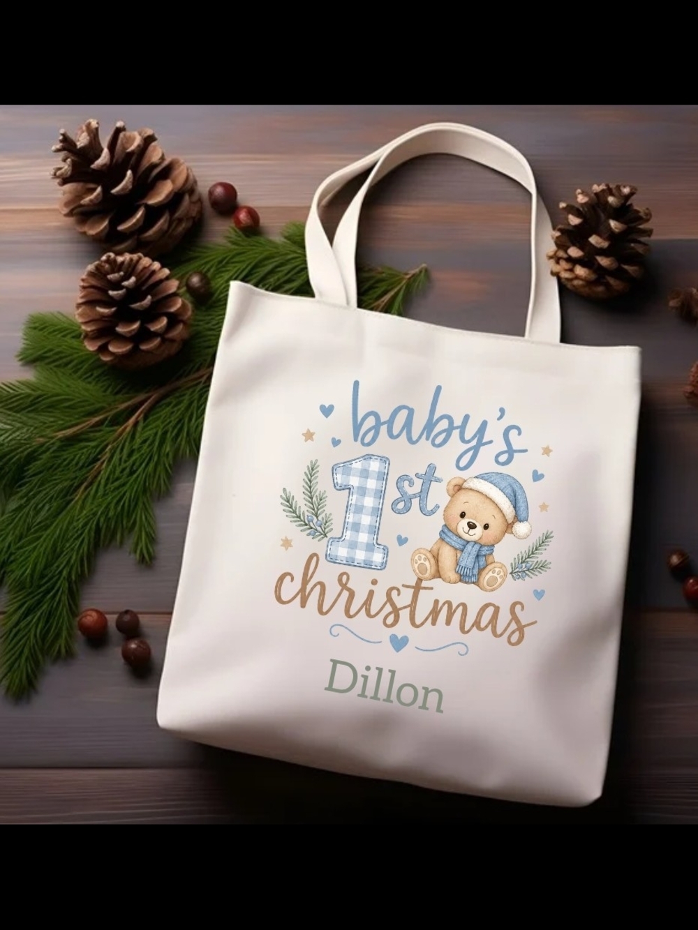 Baby's 1st Christmas Tote - Blue Bear Design-Free Personalization